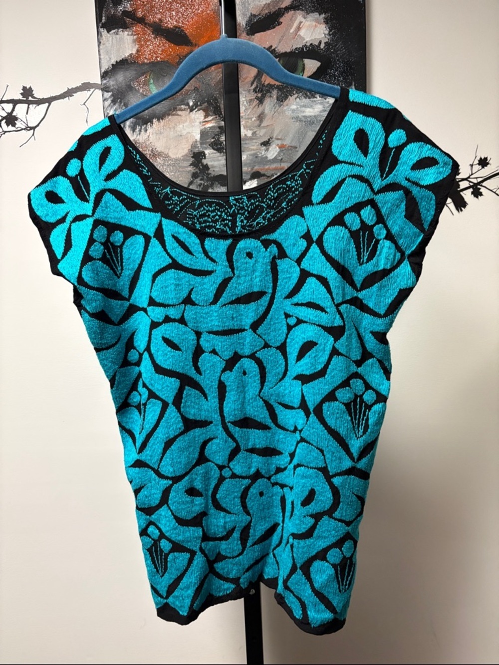 Handmade Mexican Turquoise & Black Floral Bird Knit Top